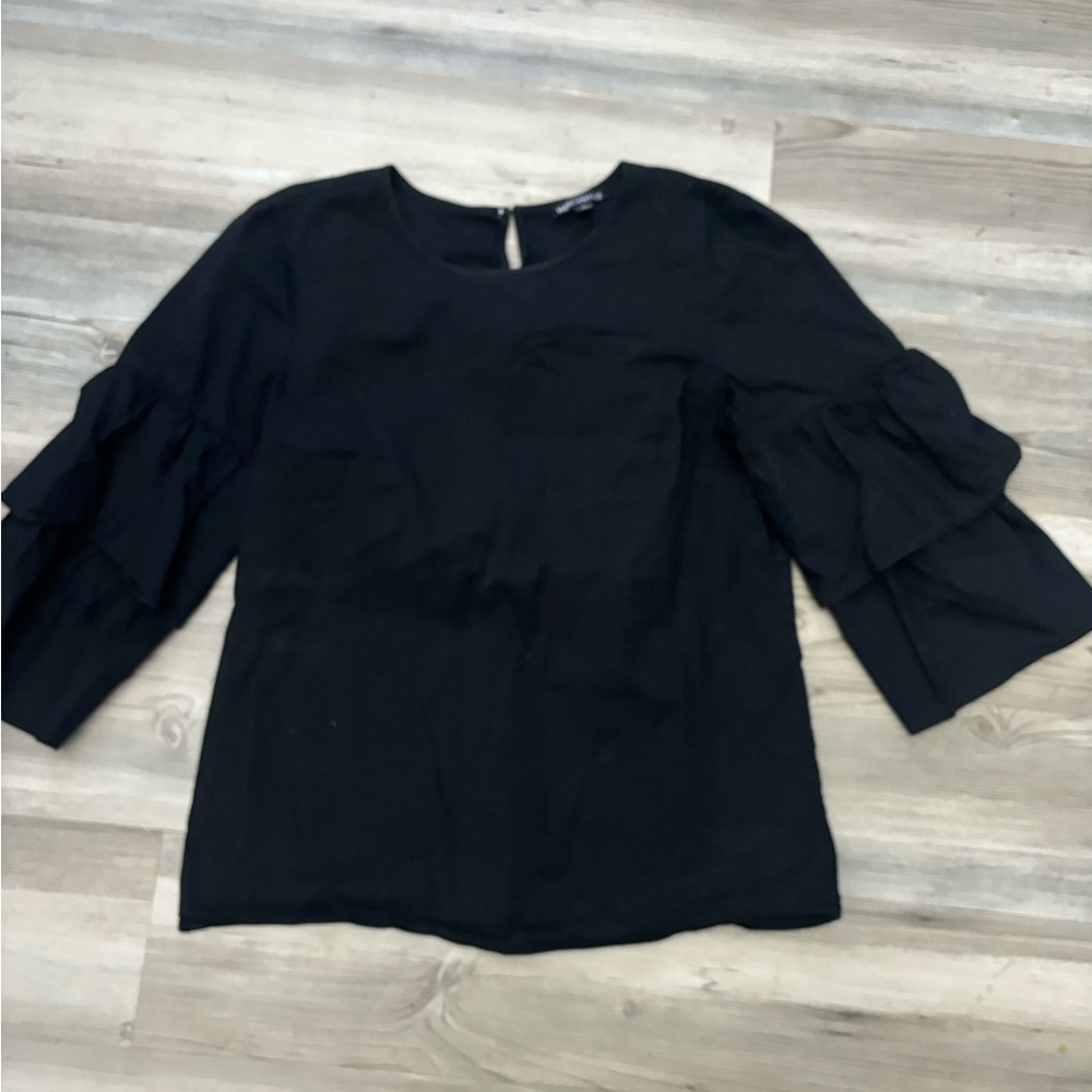 J Crew Size 4 Black blouse with layered sleeves, chest is 17, length is 23